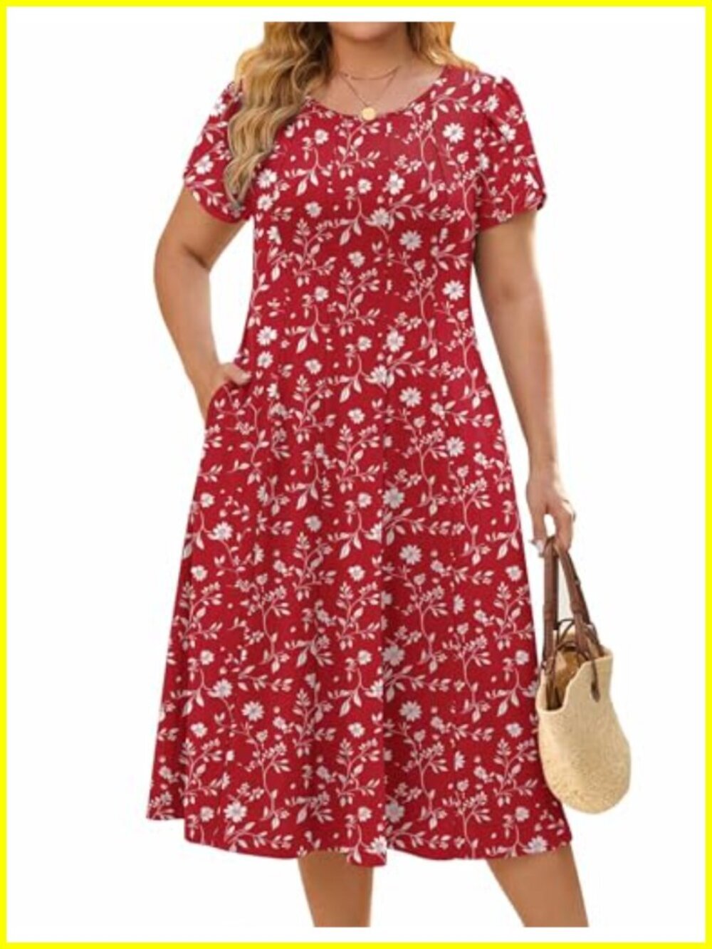Plus Size Summer Midi Dress with Petal Sleeves and Pockets